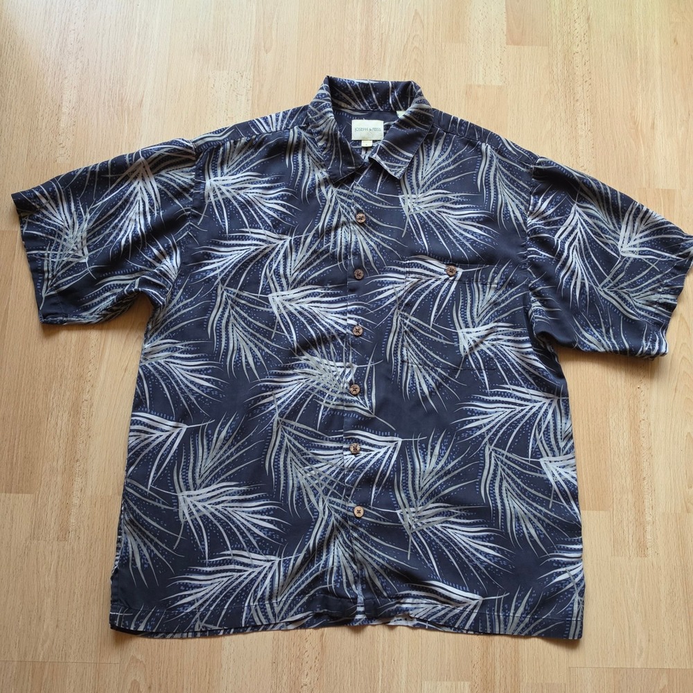 Joseph & Feiss Mens Navy Blue 100% Silk Palm Leaf Print Camp Shirt Large L